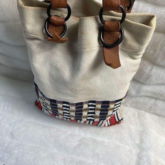 Jasper &Jeera beige canvas tote with multi color beads appliqué &leather straps - Picture 2 of 12